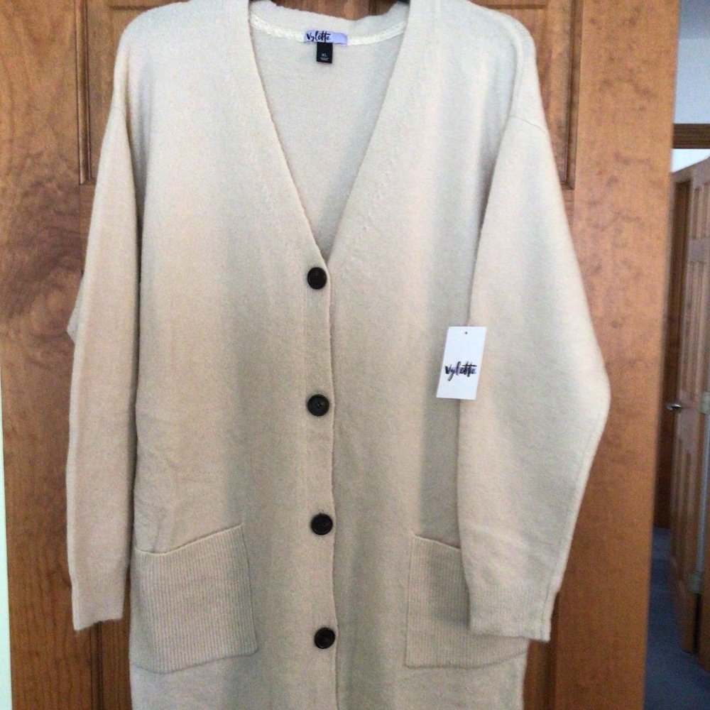 VYLETTE  Brand name.  Long  Length,   Color Tan .  Woman’s sweater size XLG